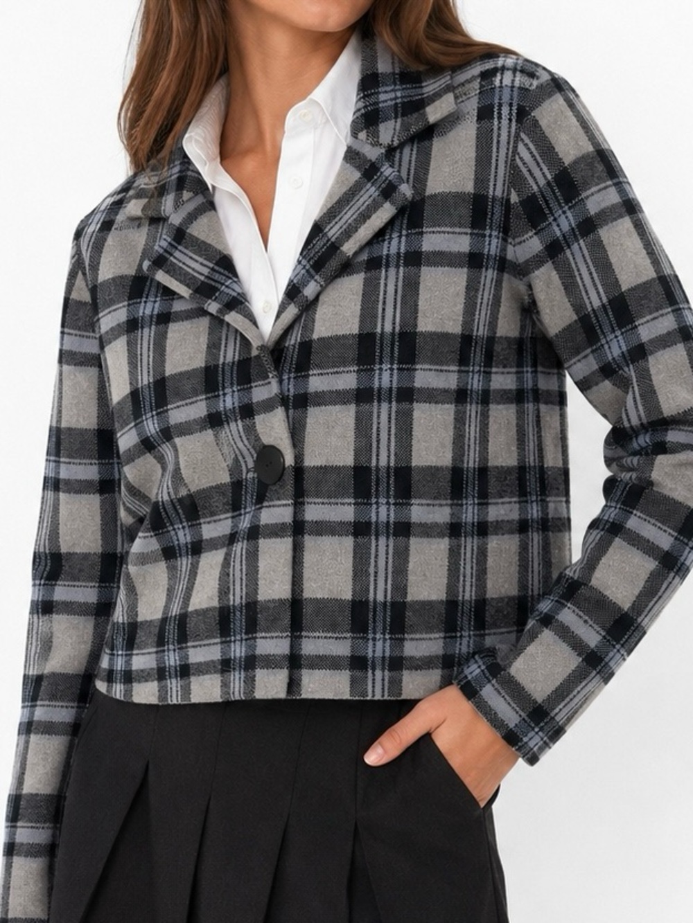 Tahari Plaid Knit Cropped Blazer Jacket Gray Black Blue Size M Preppy Academia